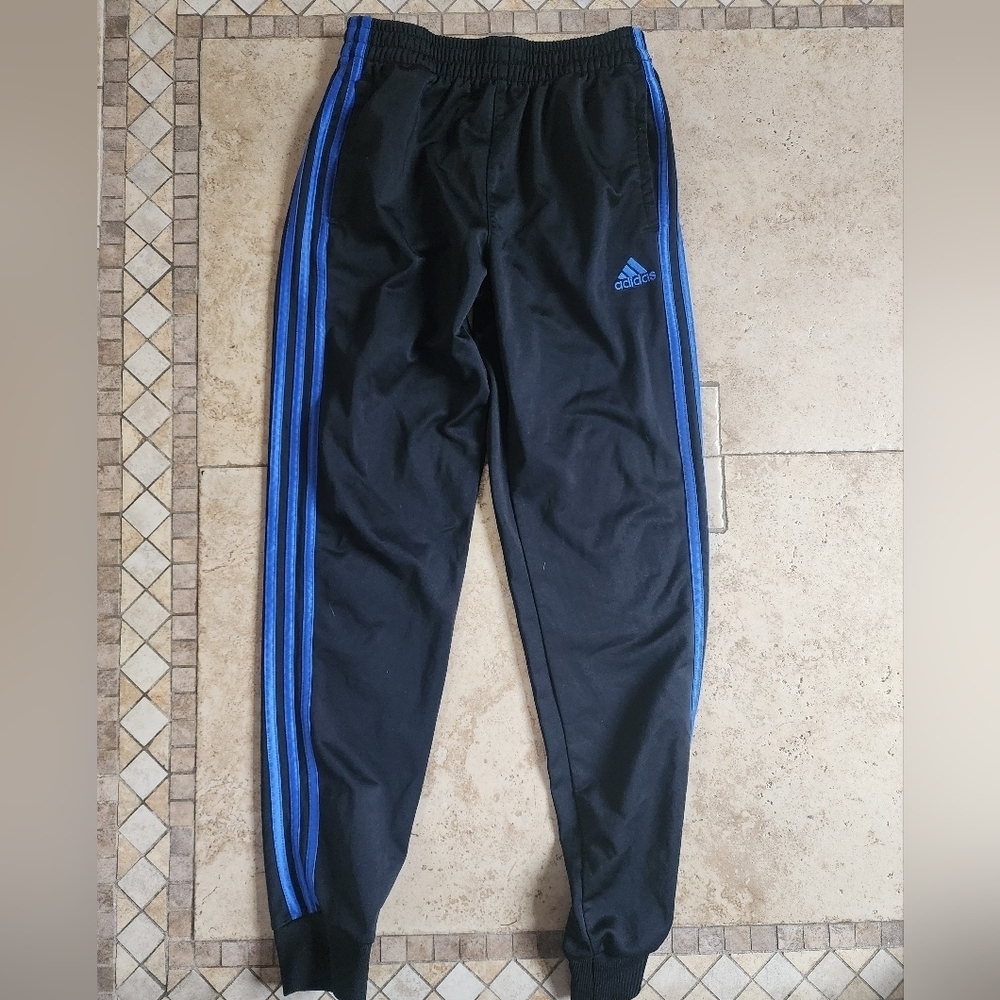 Adidas Kids Black Joggers with Blue Stripes